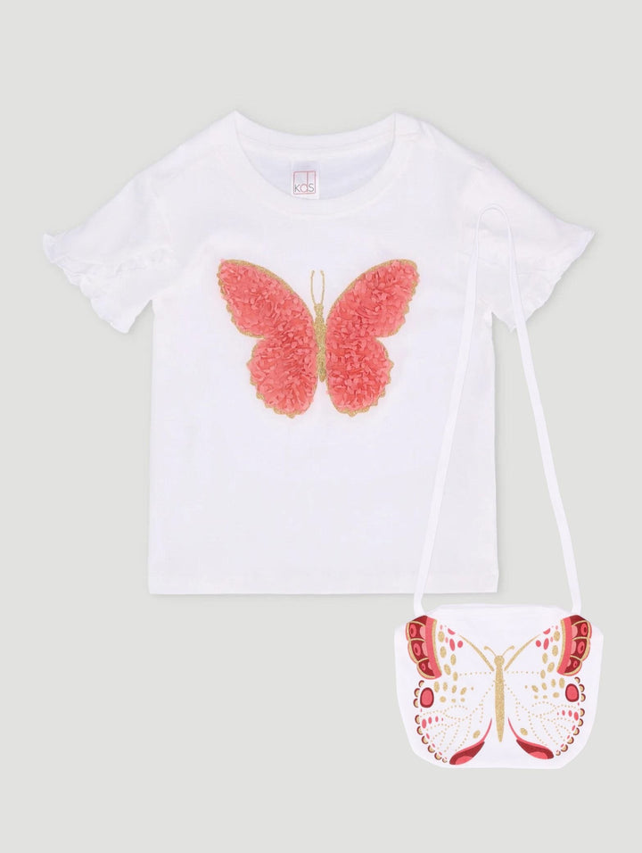 Pre-Girls Butterfly Tee With Bag - White