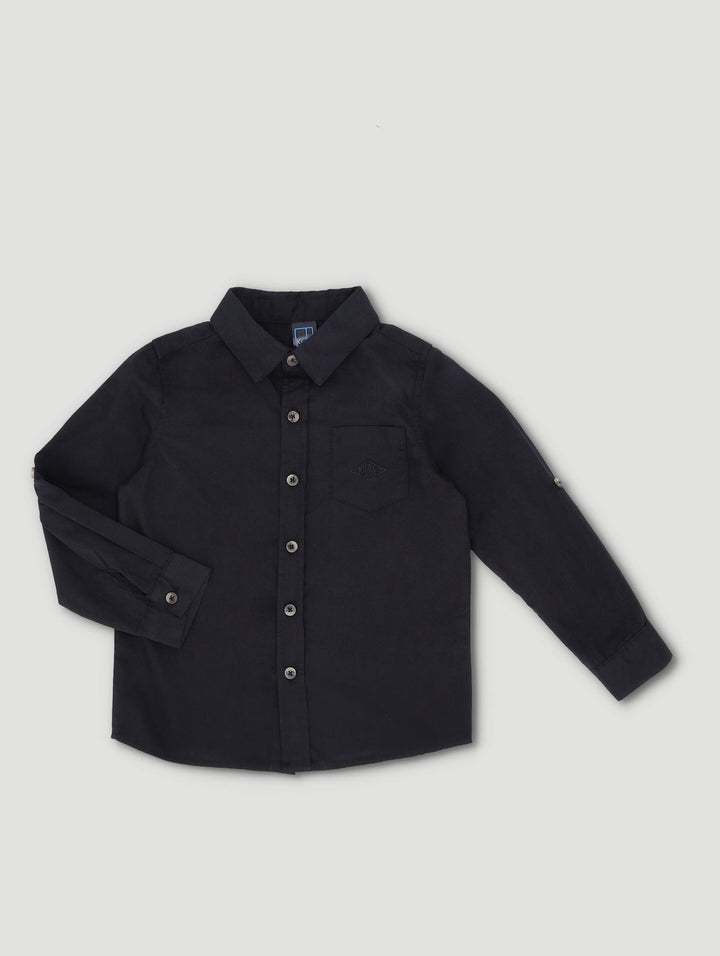 Pre-Boys Long Sleeve Plain Roll-Up Sleeve Shirt - Black