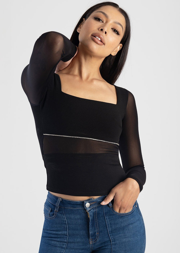 Long Sleeve Fitted Bardot Top With Mesh Insets - Black