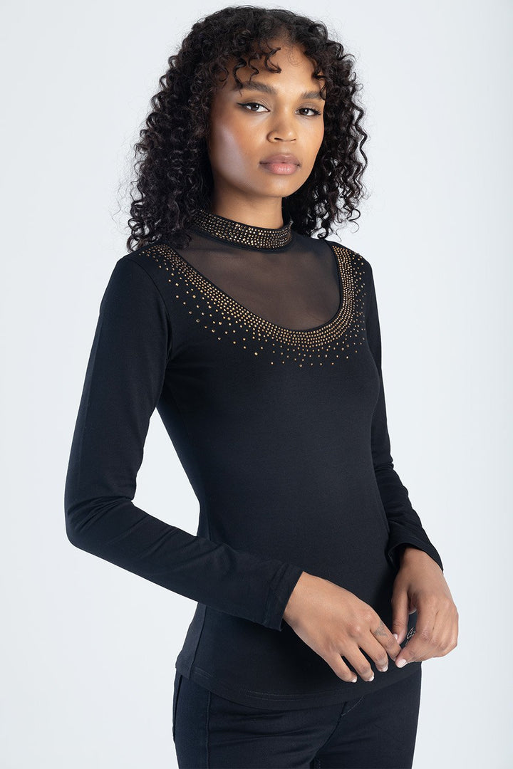 Bling Fashion Top With Mesh Inset - Black