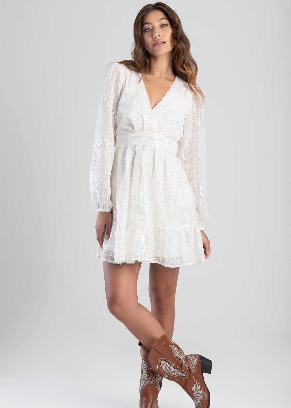 Long Sleeve Mock Wrap Sequins Tiered Short Dress - Off White
