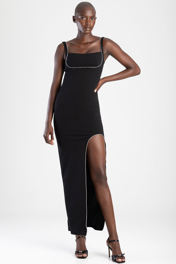 Strappy Maxi Dress With Rhinestone Trim Slit - Black