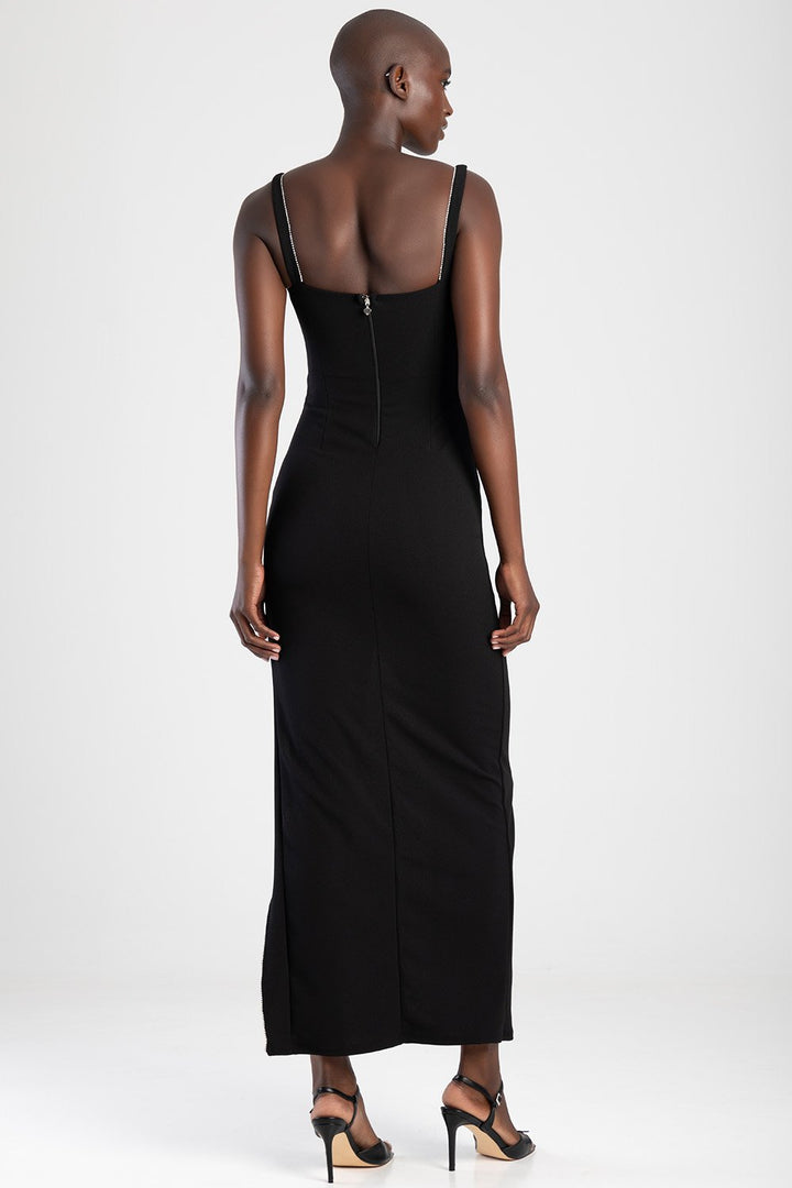 Strappy Maxi Dress With Rhinestone Trim Slit - Black