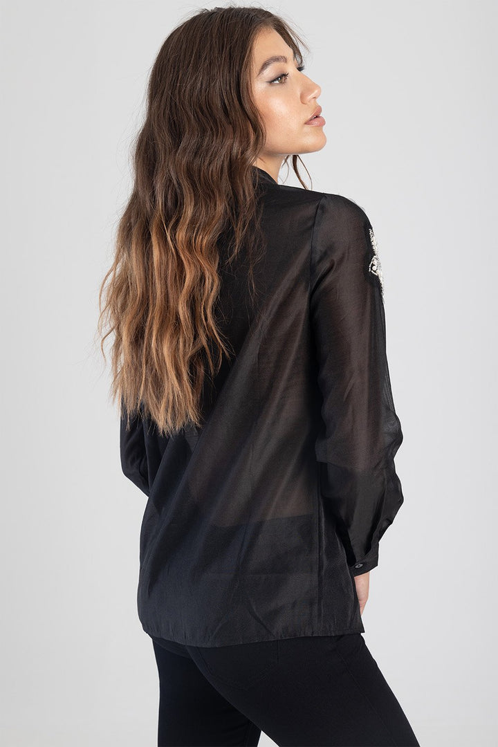 Long Sleeve Sheer Shirt With Embellished Detail - Black