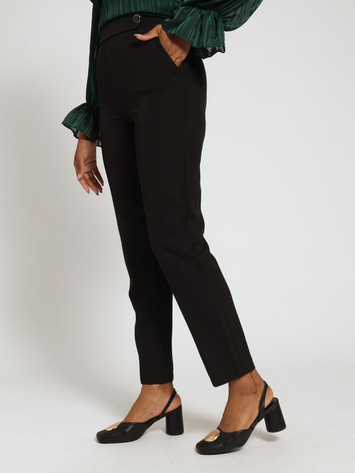 Button Tab Slim Leg Pants - Black