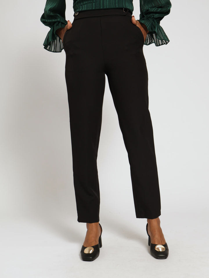 Button Tab Slim Leg Pants - Black