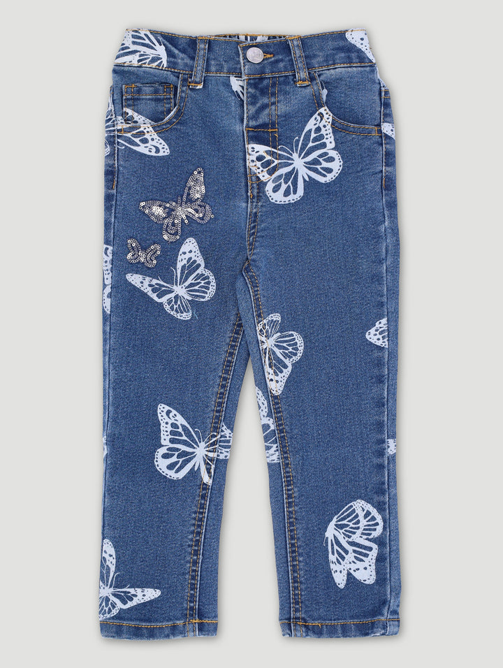 Pre-Girls Butterfly Skinny Jean - Mid Blue