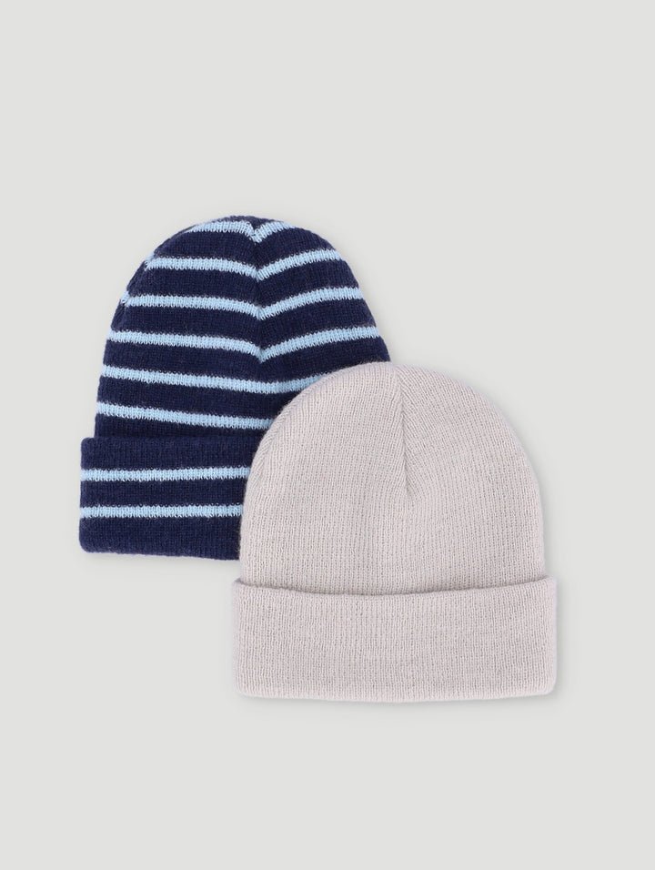 Baby Boys 2 Pack Stripe Beanies - Navy