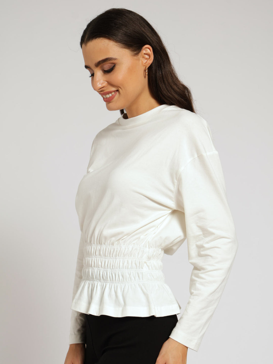 Long Sleeve Shirred Waist Tee - Cream