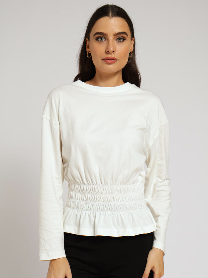 Long Sleeve Shirred Waist Tee - Cream