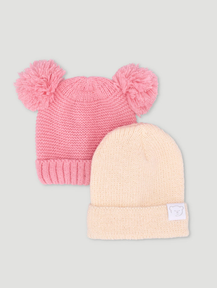 Baby Girls 2 Pack Pom Pom Beanies - Cream