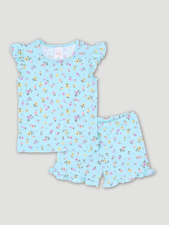 Pre-Girls Ditsy Rib Tank Floral Lettuce Trim Sleep Set - Light Blue