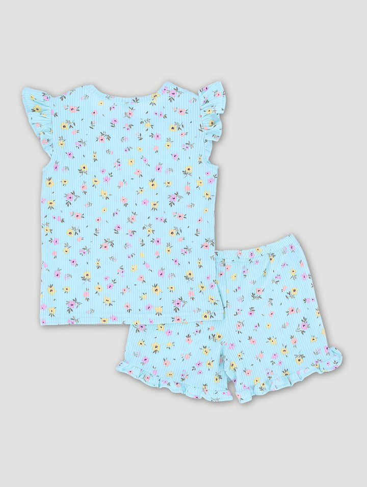 Pre-Girls Ditsy Rib Tank Floral Lettuce Trim Sleep Set - Light Blue