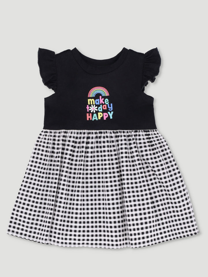 Baby Girls Check Happy Combo Dress - Black