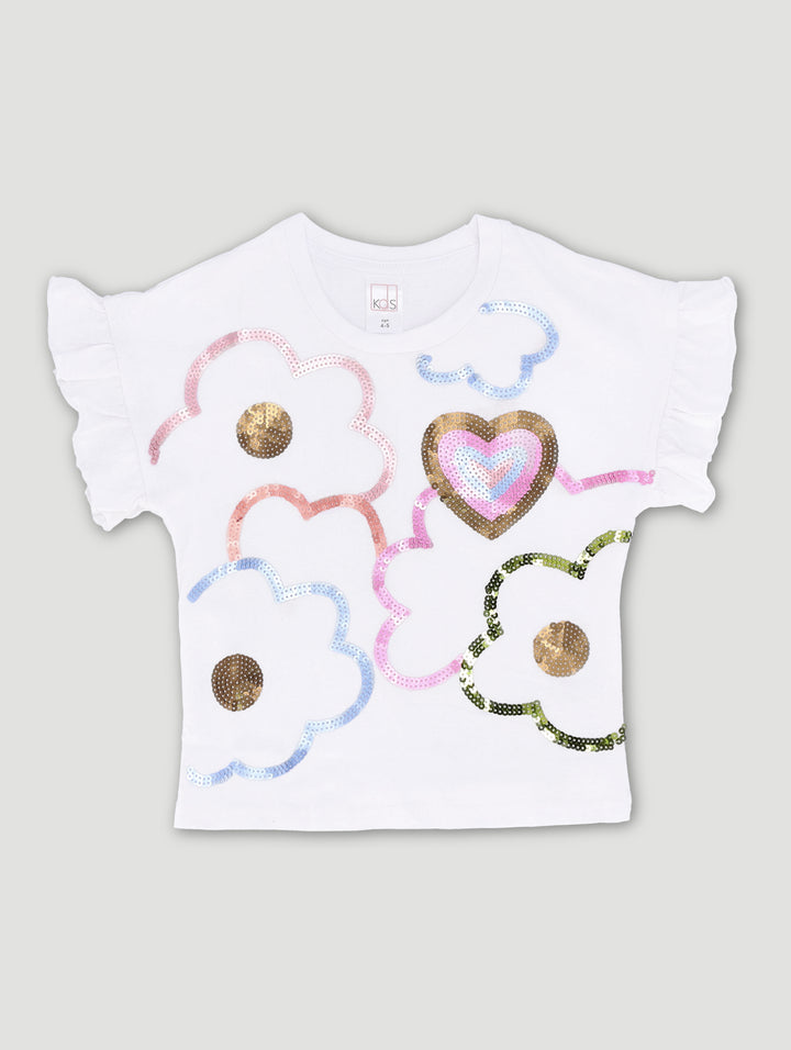 Pre-Girls 1 Up Floral Sequin Tee - White