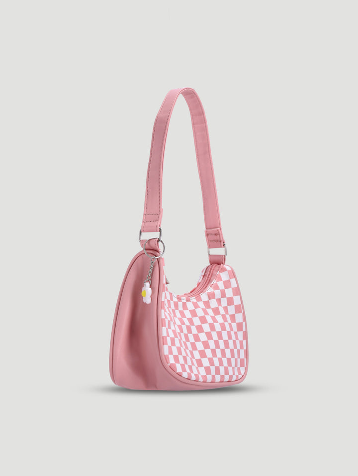 Pre-Girls Check Flower Pu Shoulder Bag - Pink