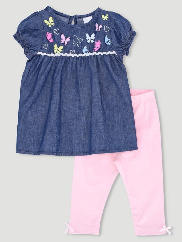 Baby Girls Butterfly Denim Tunic Set - Pink