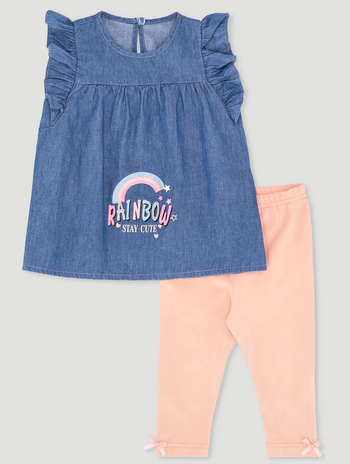 BABY GIRLS RAINBOW DENIM TUNIC SET - PEACH