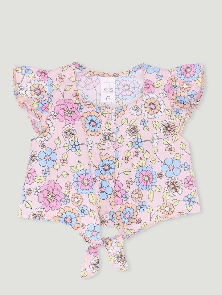 Pre-Girls Floral Tie Front Blouse - Light Pink