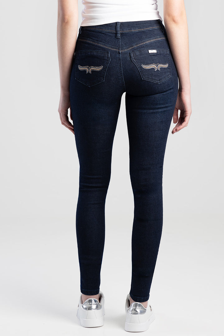 Axel Skinny Denim Jean With Back Pocket Embroidery - Dark Blue