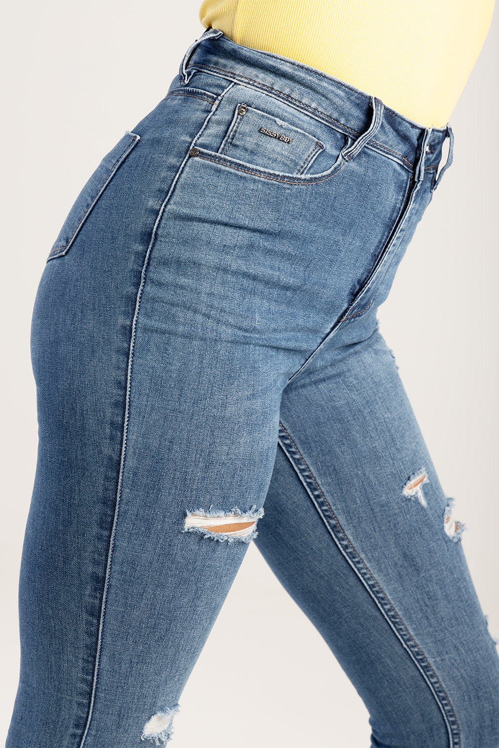 Ryder High Waist Sexy Curvy Fit Jean With Rips - Mid Blue