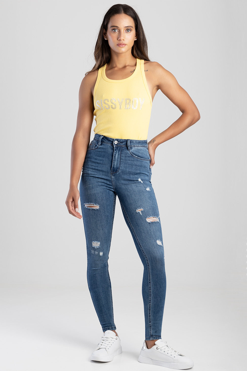 Ryder High Waist Sexy Curvy Fit Jean With Rips - Mid Blue