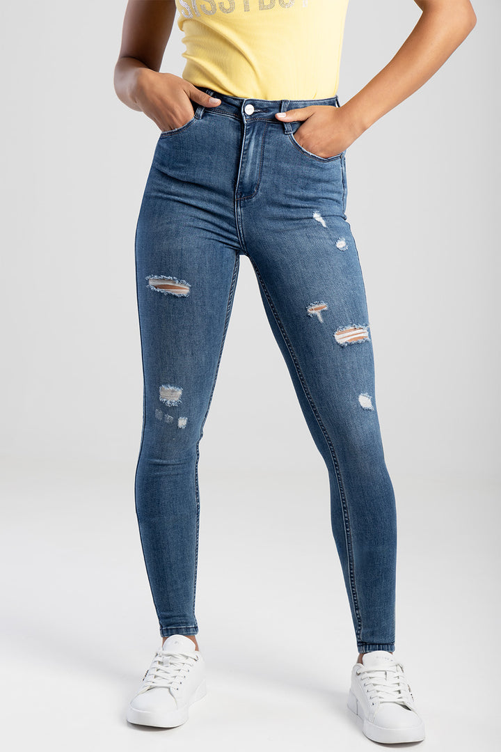 Ryder High Waist Sexy Curvy Fit Jean With Rips - Mid Blue