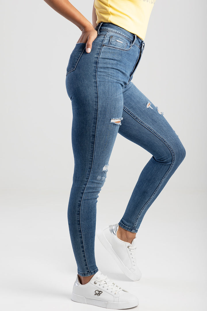 Ryder High Waist Sexy Curvy Fit Jean With Rips - Mid Blue