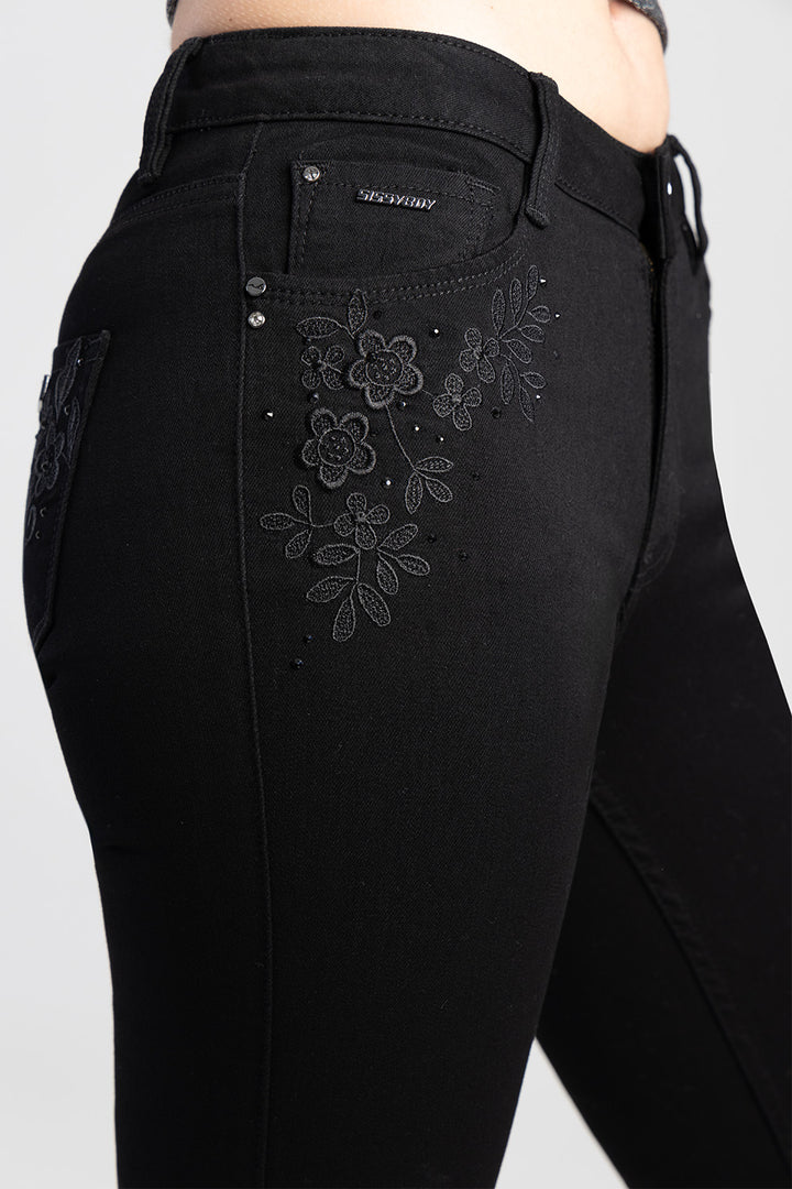 Mid Waist Bootleg With Crochet Detail - Black