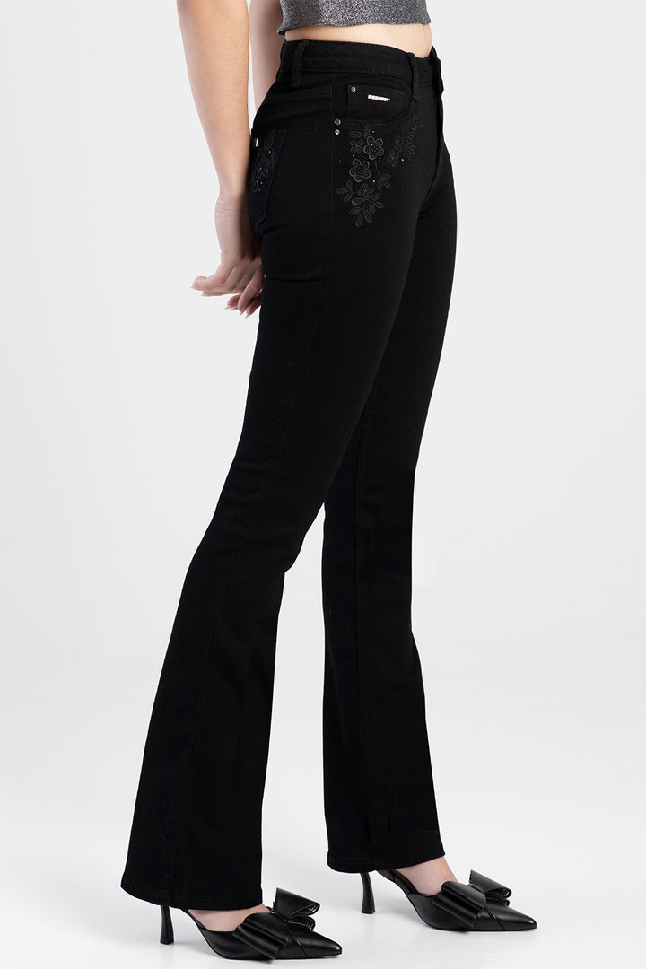 Mid Waist Bootleg With Crochet Detail - Black