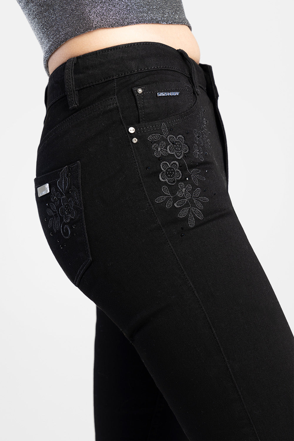 Mid Waist Bootleg With Crochet Detail - Black