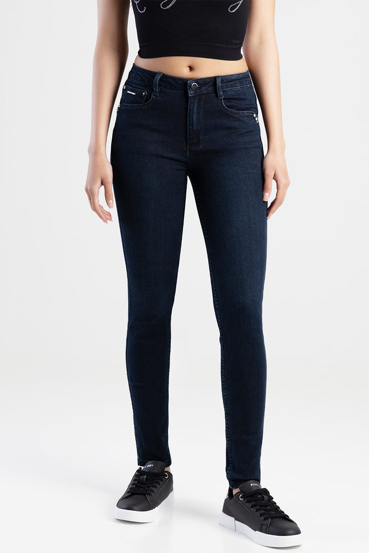 Mid Waist Skinny With A Curved Hem Jeans - Blue/Black