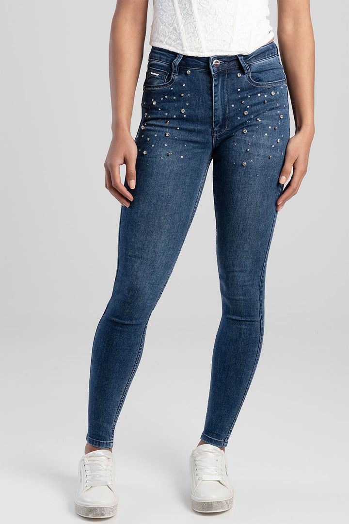 Mid Waist Skinny Jean With Bling - Medium Wash