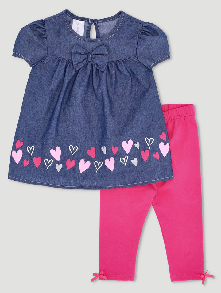 Baby Girls Hearts Denim Tunic Set - Pink