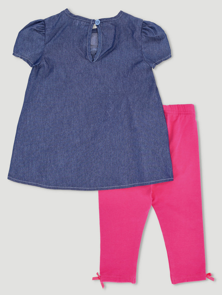 Baby Girls Hearts Denim Tunic Set - Pink