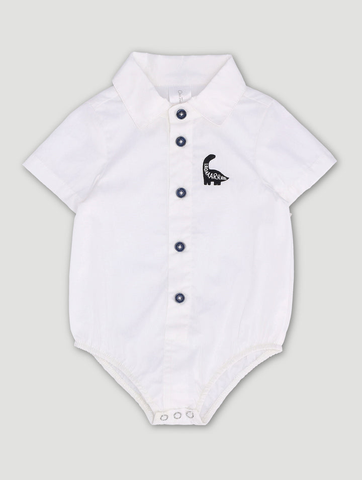 Baby Boys Cotton Poplin Embroidered Romper - White