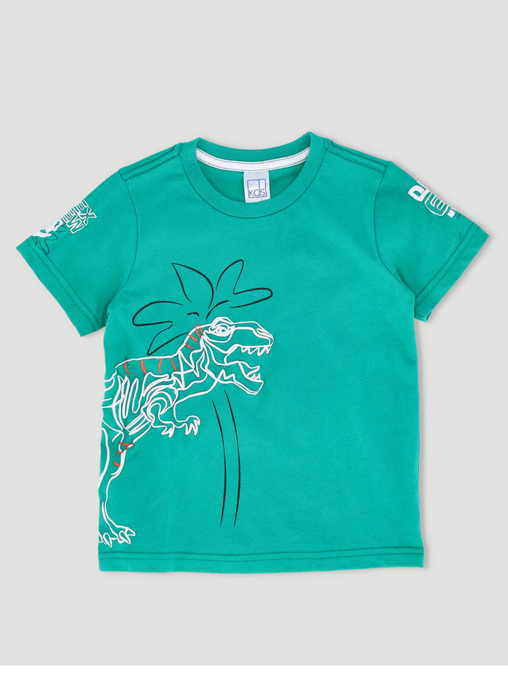 Pre-Boys Dino Front & Back Sleeve Print Top - Golf Green