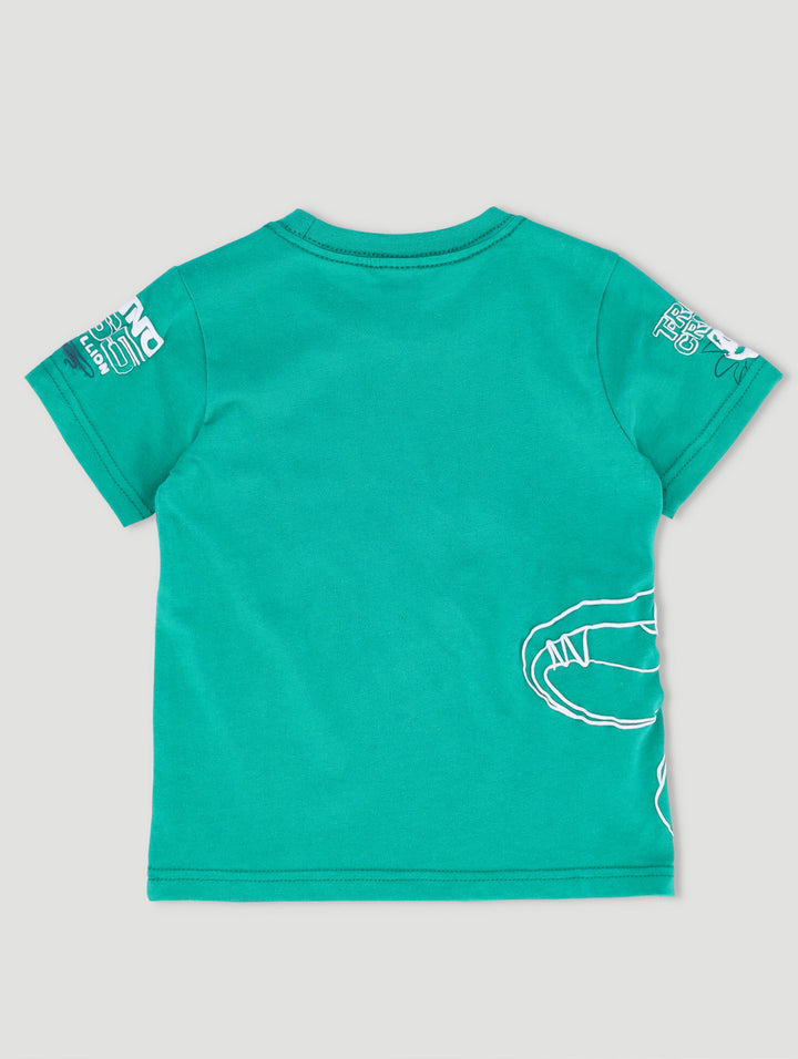 Pre-Boys Dino Front & Back Sleeve Print Top - Golf Green