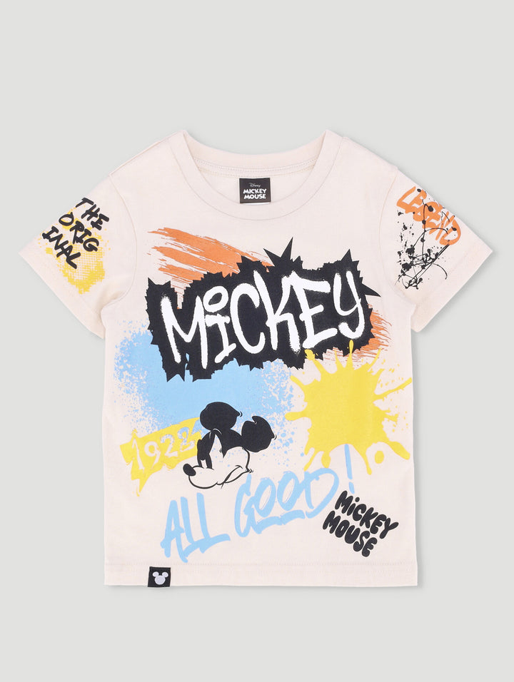 Pre-Boys Mickey Graffiti Tee - Light Stone