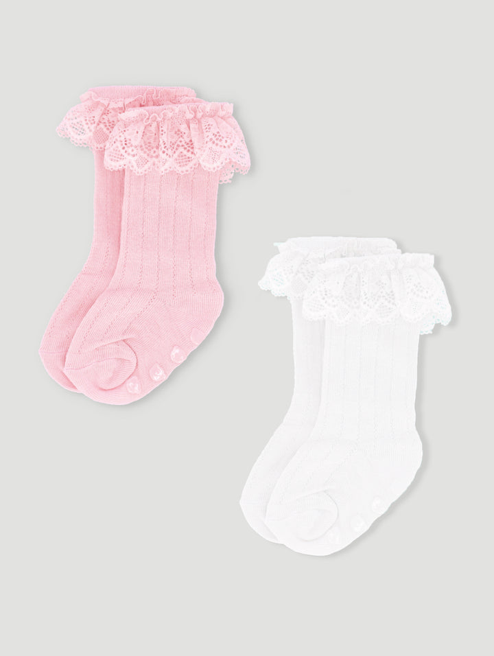 Baby Girls 2 Pack Knee High Lace Socks - Pink