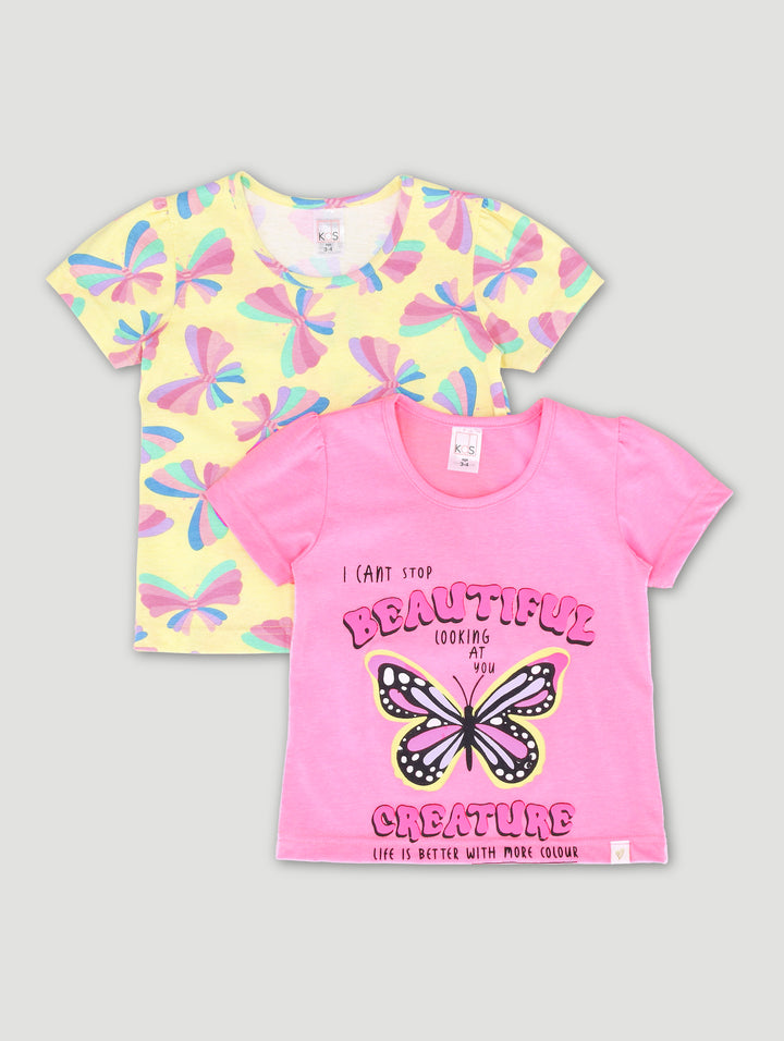 Pre-Girls 2 Pack Butterfly Print Rainbow Tees