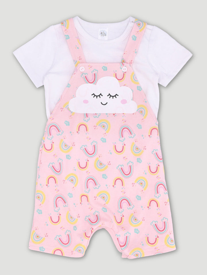 Baby Girls Cloudy Rainbow Dungaree Set - Pink