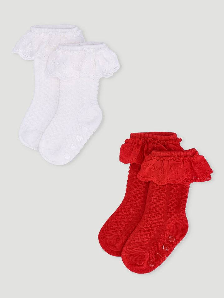 Baby Girls 2 Pack Knee High Lace Socks - Red/ White