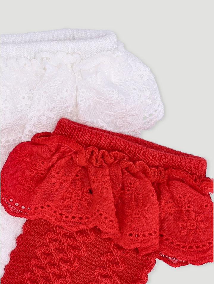 Baby Girls 2 Pack Knee High Lace Socks - Red/ White