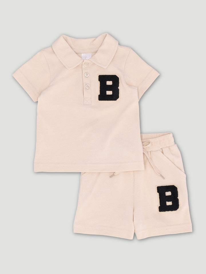 Baby Boys Textured Golfer & Short Set - Cream