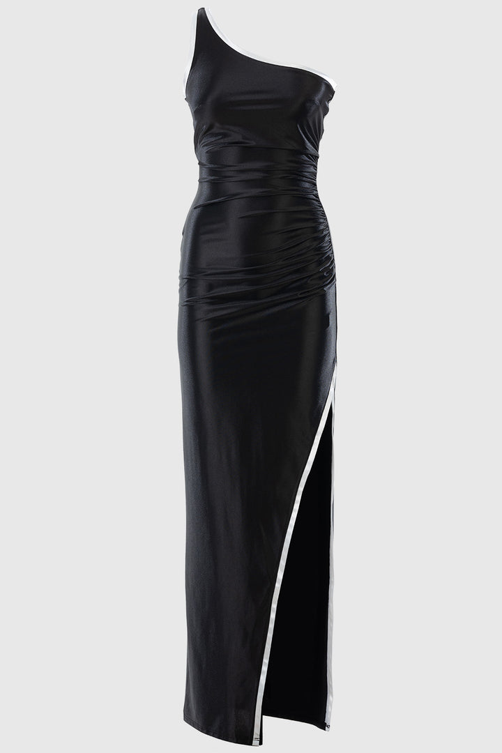 Asymmetric Maxi Dress With Contrast Panels - Black