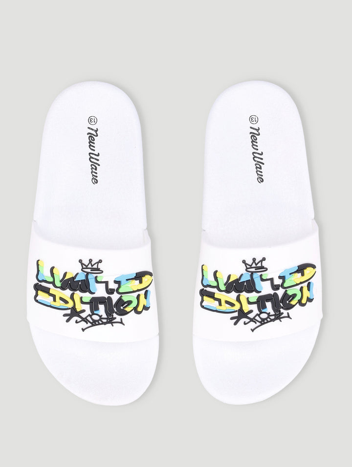 Boys Graffiti Print Slide Sandal - White