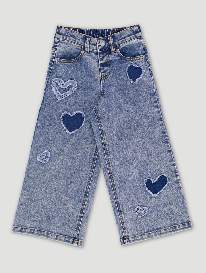 Pre-Girls Heart Applique Flare Leg Denim - Blue