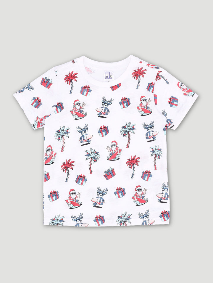 Pre-Boys Christmas Santa Surf Print Top - White