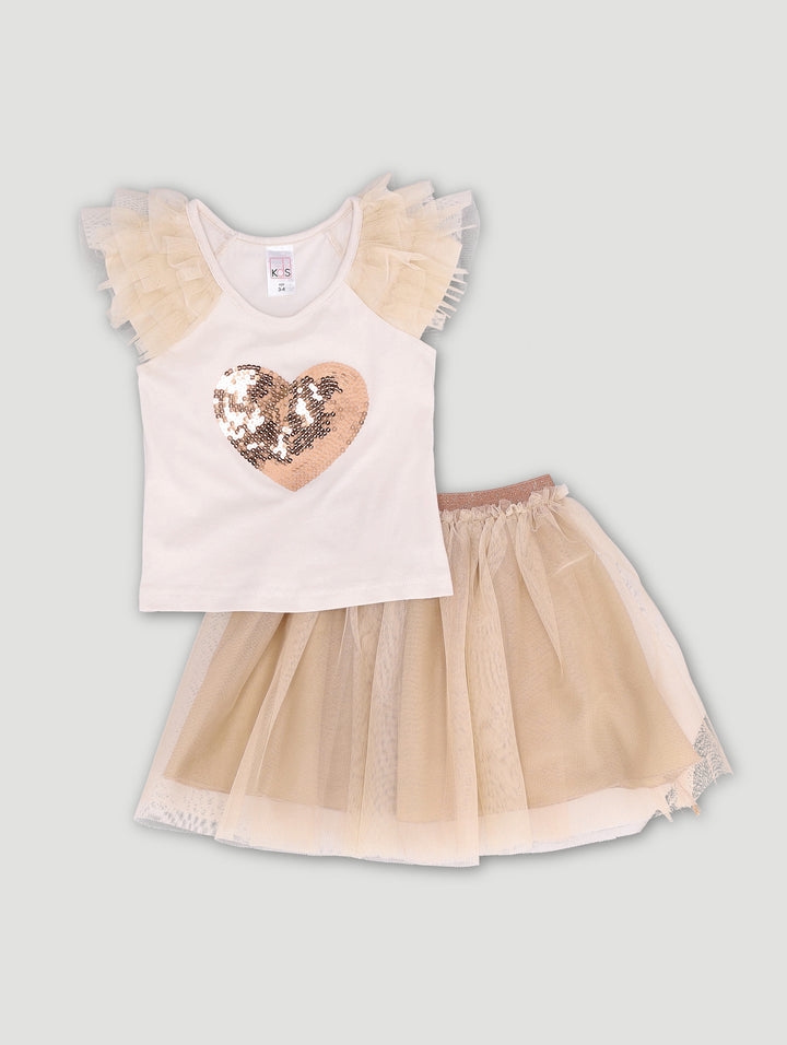 Pre-Girls Heart Sequin Tee & Mesh Skirt Set - Cream